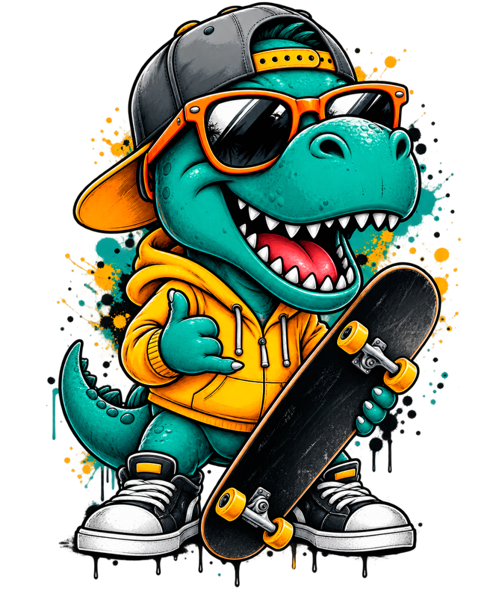 Cooler Dino-Skater mit Skateboard